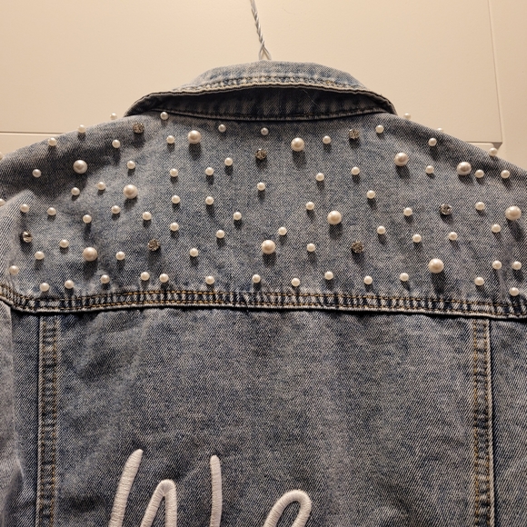 Embroidered pearl/crystal stud Wifey denim jacket - Picture 5 of 7